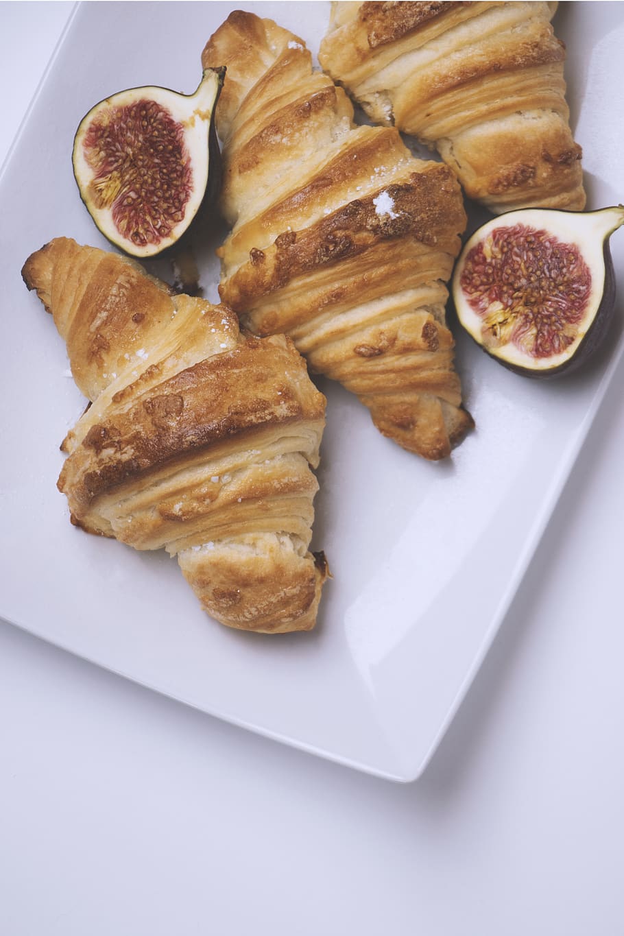 three croissant bread on white plate, food and drink, freshness HD wallpaper