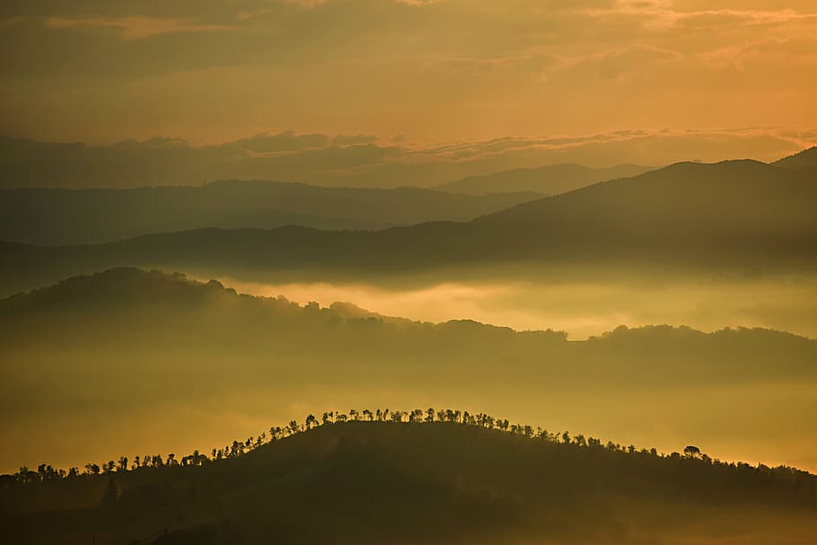 mountain silhouette during cloudy sky, countryside, landscape HD wallpaper