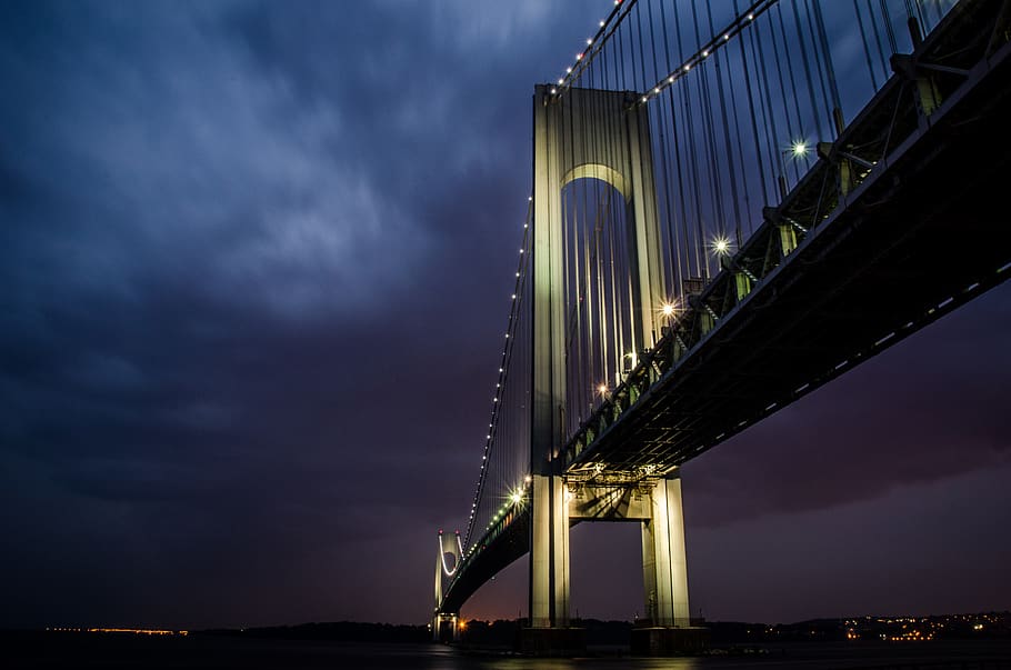 cable-stayed bridge at night time, built structure, architecture HD wallpaper