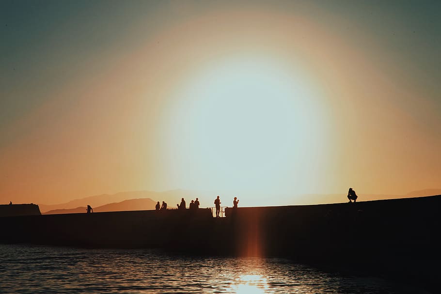 greece, chania, watching, evening, orange, sea, city, night HD wallpaper