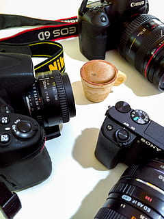 three black cameras, electronics, camera lens, digital camera HD wallpaper