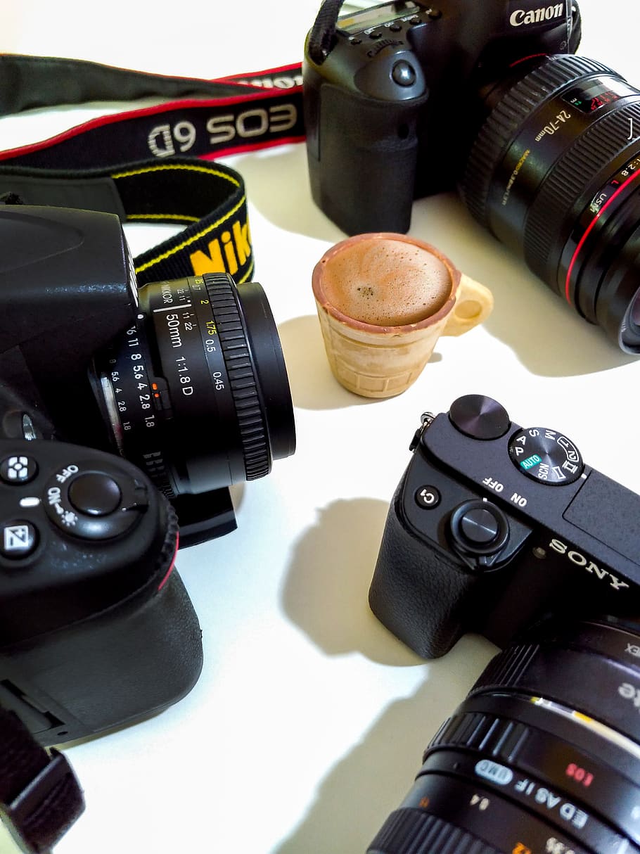 three black cameras, electronics, camera lens, digital camera HD wallpaper