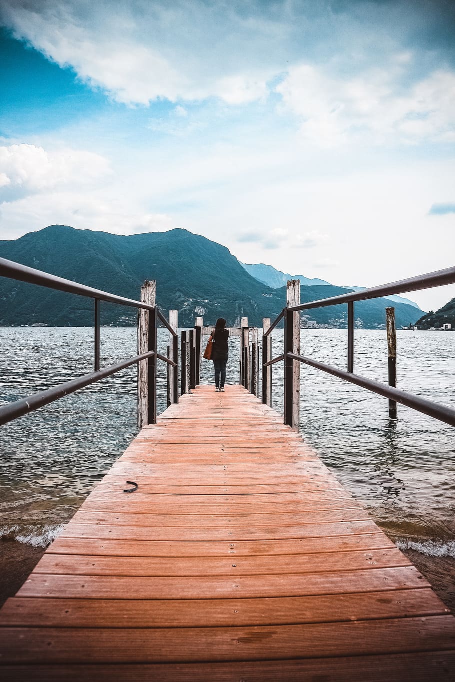 Woman Standing On Brown Wooden Dock, daylight, jetty, mountain HD wallpaper
