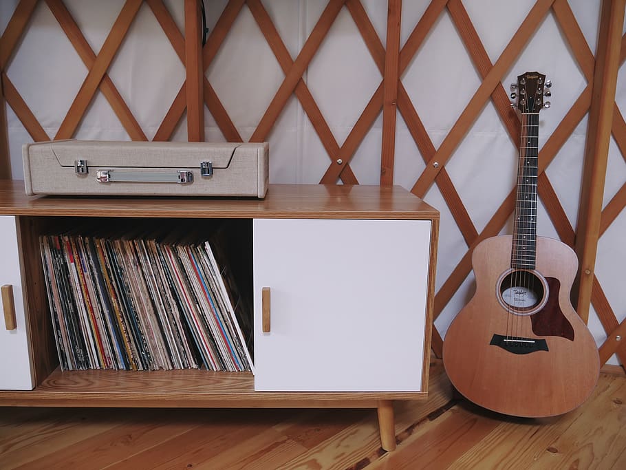white sideboard beside guitar, wood - material, music, indoors HD wallpaper