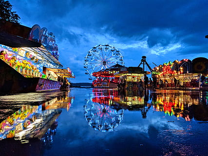 Blue Ferries Wheel, amusement ride, building, carnival, circus HD wallpaper