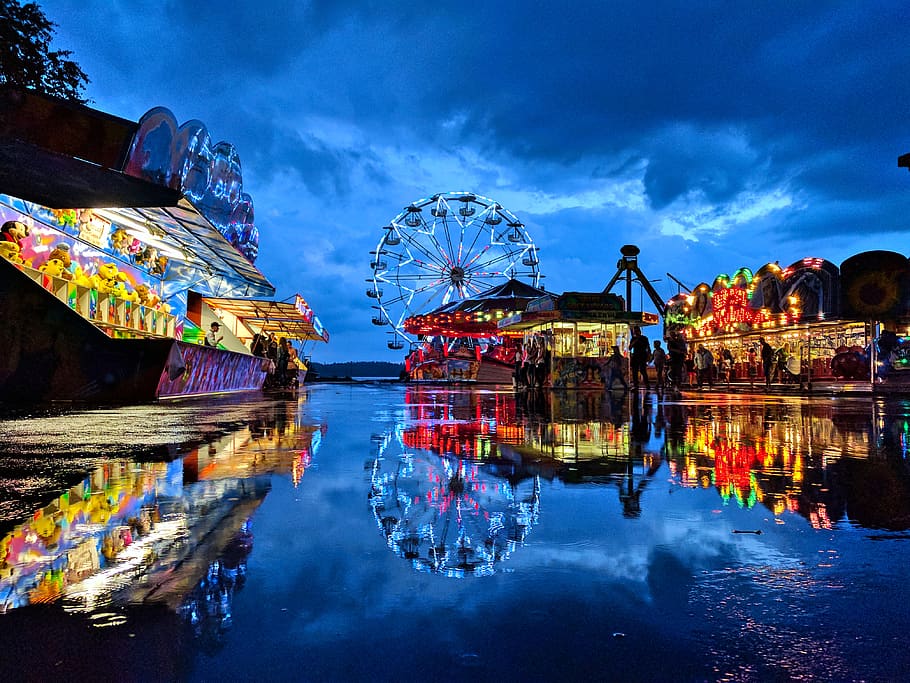 Blue Ferries Wheel, amusement ride, building, carnival, circus HD wallpaper