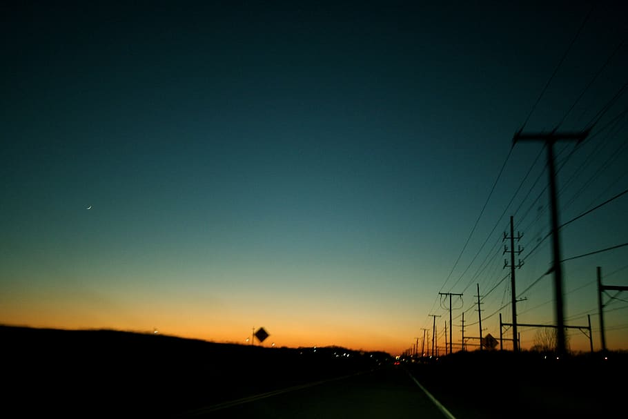 dusk, sunset, street, light, moon, gradient, vague, memory, HD wallpaper