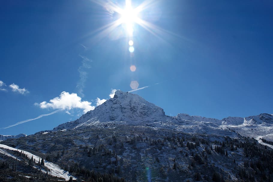 sun, backlighting, mountains, landscape, sky, winter blast HD wallpaper