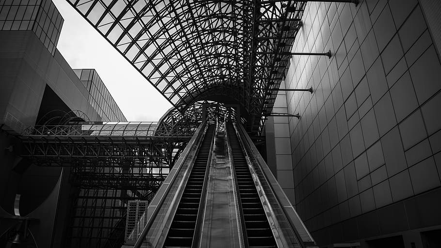 banister, handrail, lighting, kyoto station, corridor, stairs, HD wallpaper