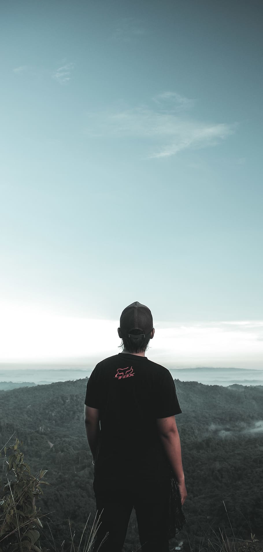 Man Standing on Front of Mountain, back view, backlit, daylight HD wallpaper