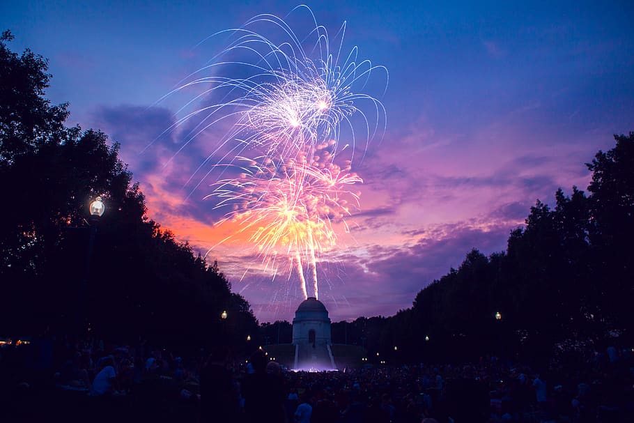 Low Light Photography of Fireworks, bright, city, clouds, color HD wallpaper