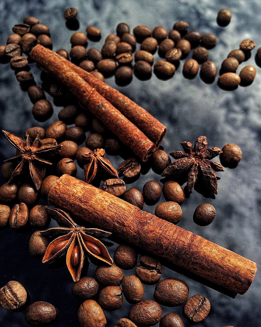 sky, glass, clouds, reflection, coffee, grains, spices, cinnamon HD wallpaper