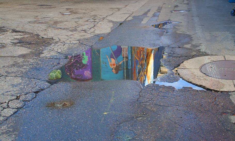 street, puddle, high angle view, city, day, water, no people HD wallpaper