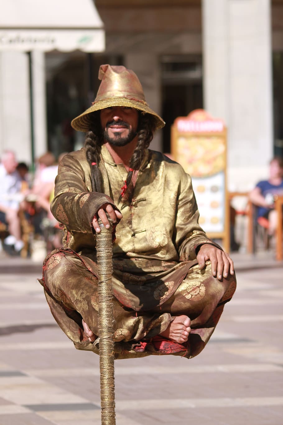 jester, street artists, illusionist, clothing, one person, focus on foreground