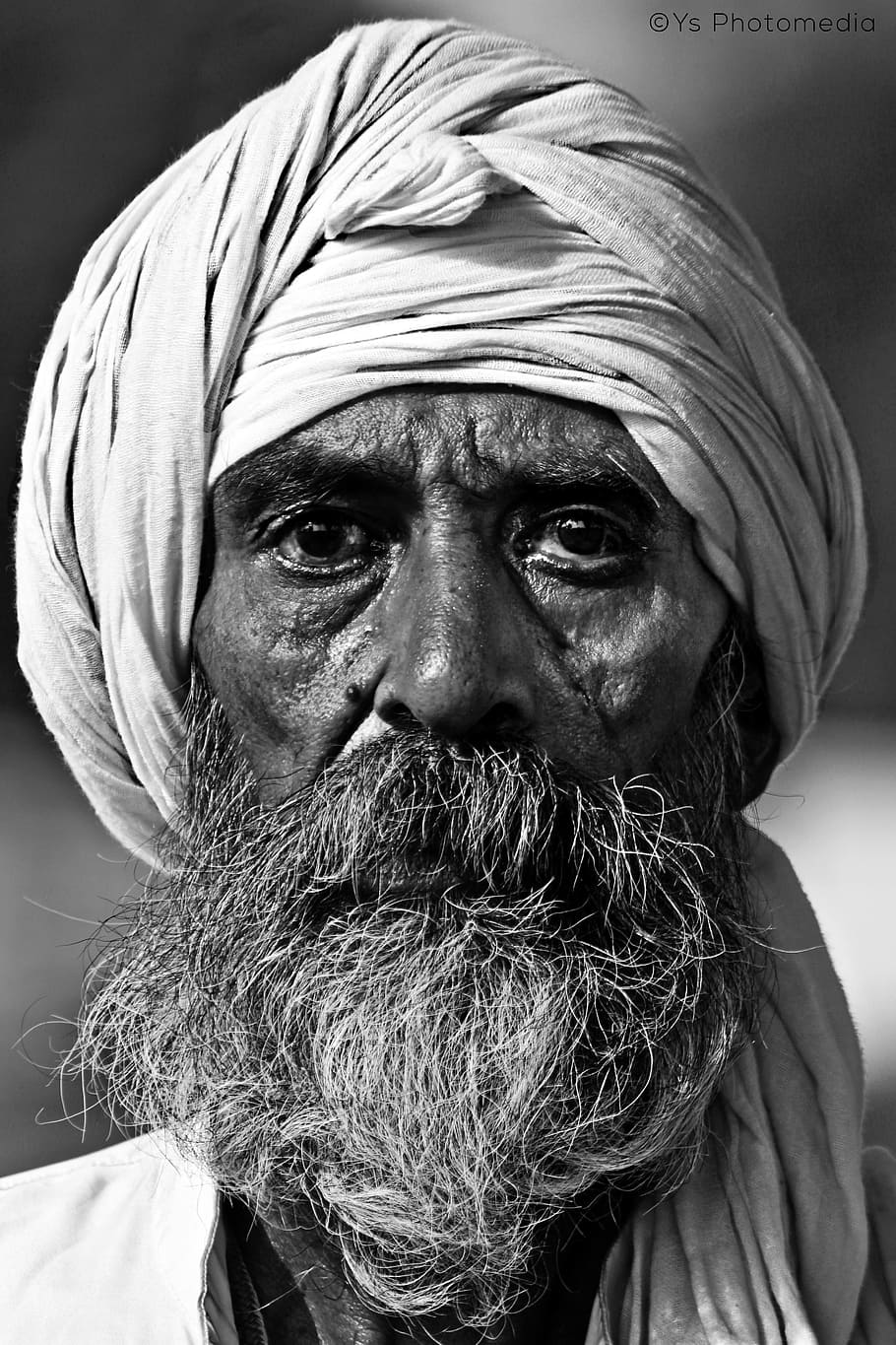 Man Wearing White Turban Grayscale Photo, age, beard, black-and-white