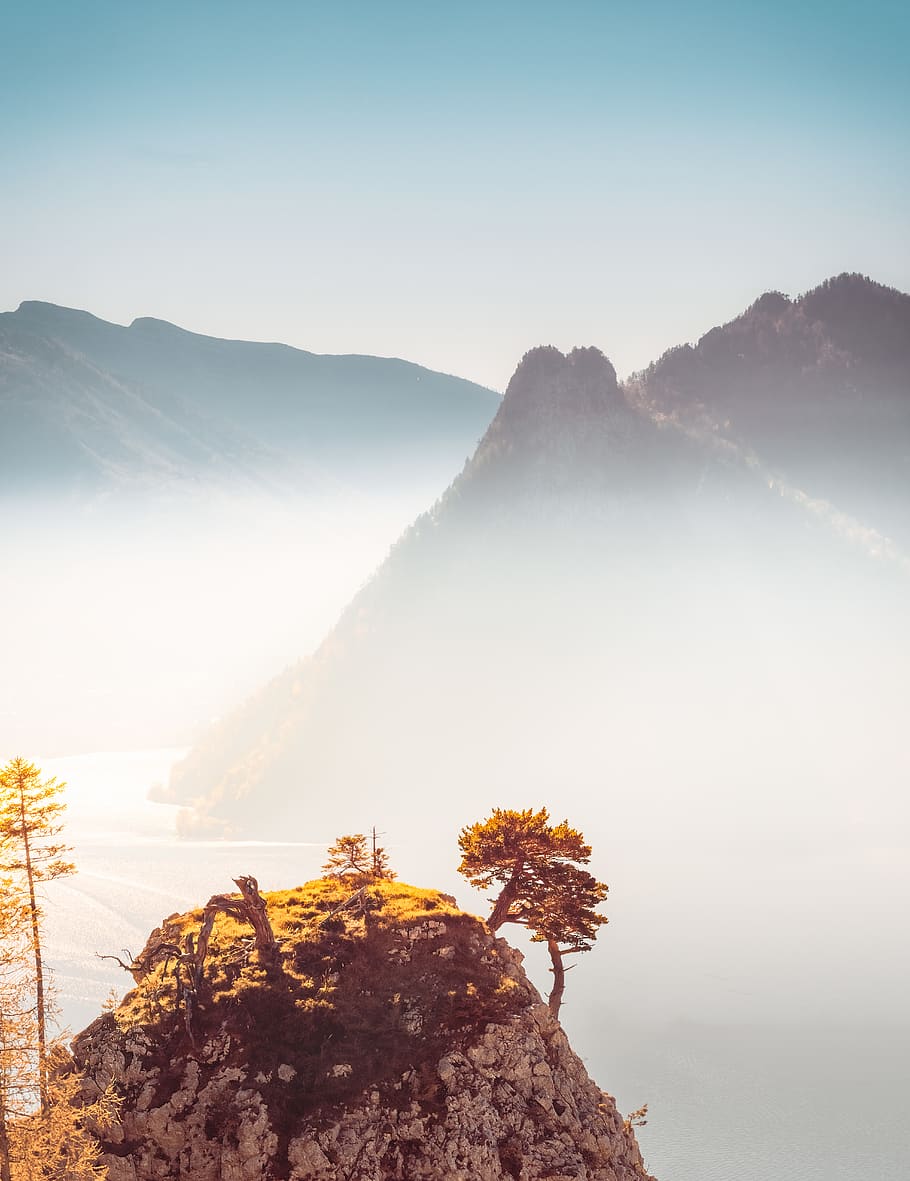 Mountain Covered by Fog, adventure, austria, dawn, daylight, fall colors HD wallpaper