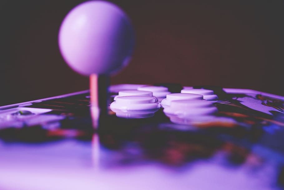 fun, games, purple, arcade, machine, buttons, joystick, close-up HD wallpaper