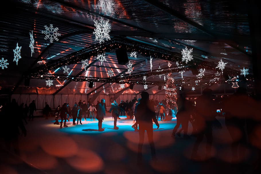 White Snowflakes Decors, architecture, building, crowd, dark HD wallpaper