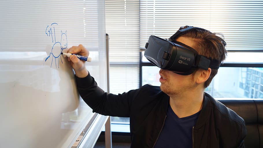 Person Wearing Black Vr Box Writing On White Board, draw, drawing HD wallpaper