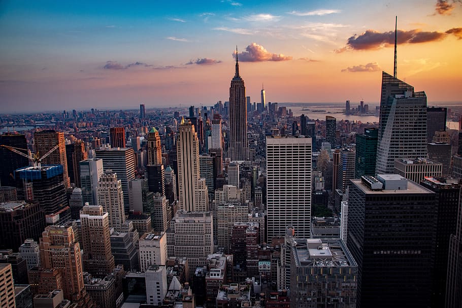 sunset, manhattan, city, skyline, architecture, usa, america HD wallpaper