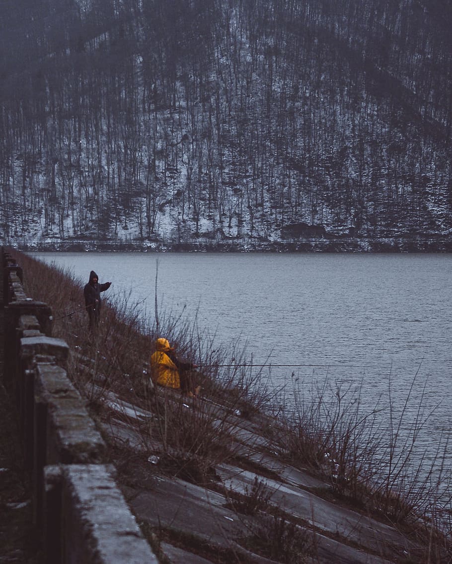 Man Fishing, cold, lake, outdoors, river, snow, water, plant HD wallpaper