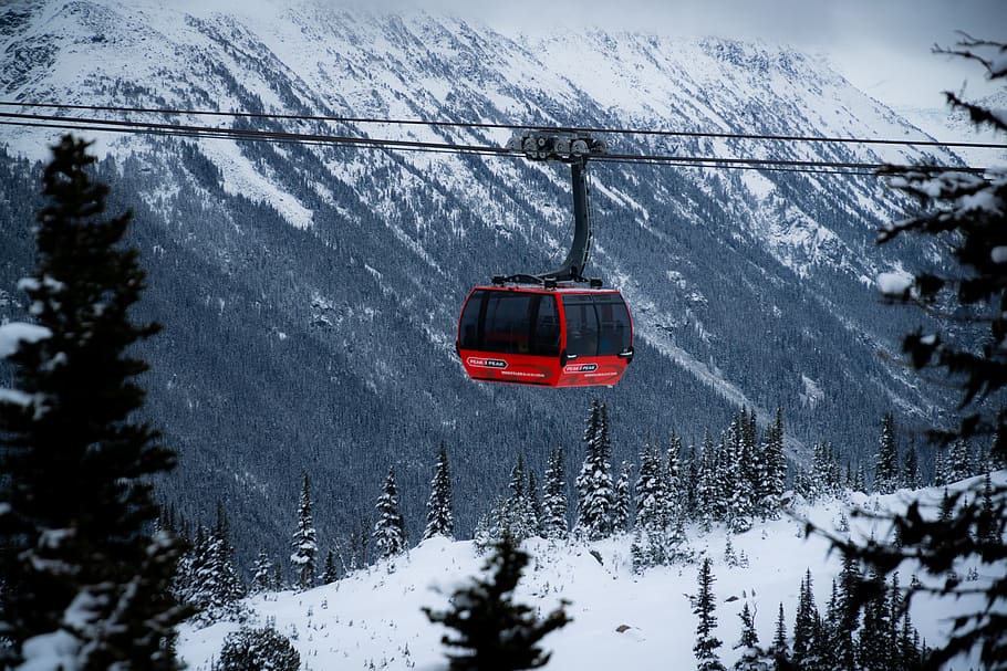 red cable car, canada, whistler, vehicle, transportation, helicopter, HD wallpaper