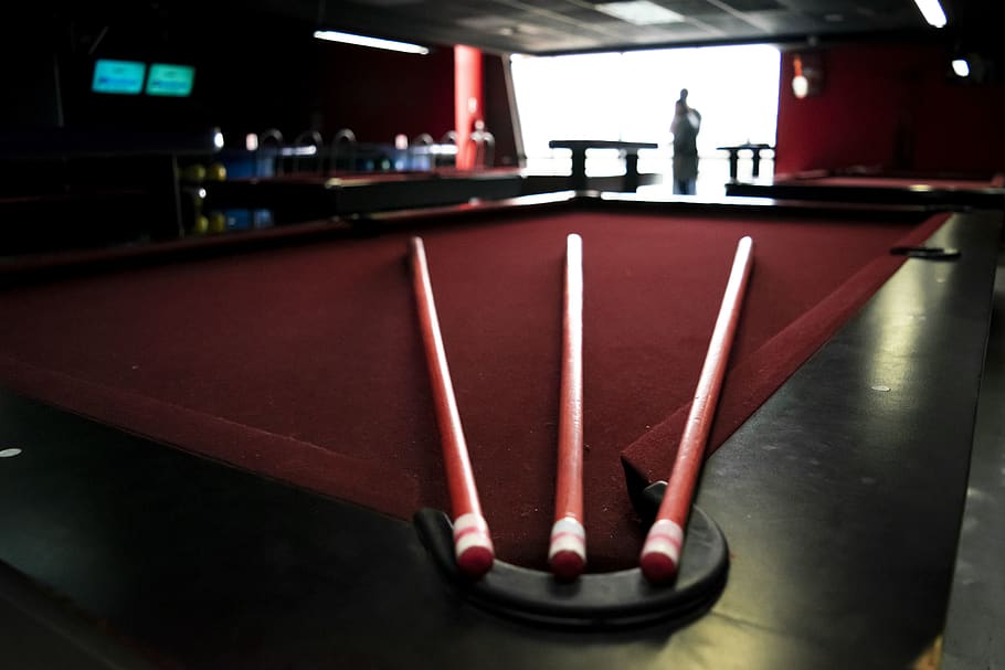 red and black pool table closeup photography, indoors, billiard room, HD wallpaper