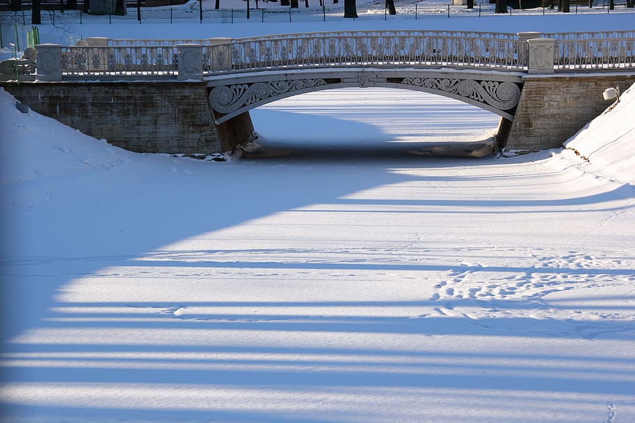 snow, winter, park, bridge, built structure, architecture, bridge - man made structure HD wallpaper