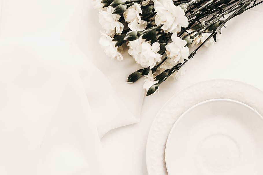 round white ceramic plate on white surface, flower, flowering plant HD wallpaper