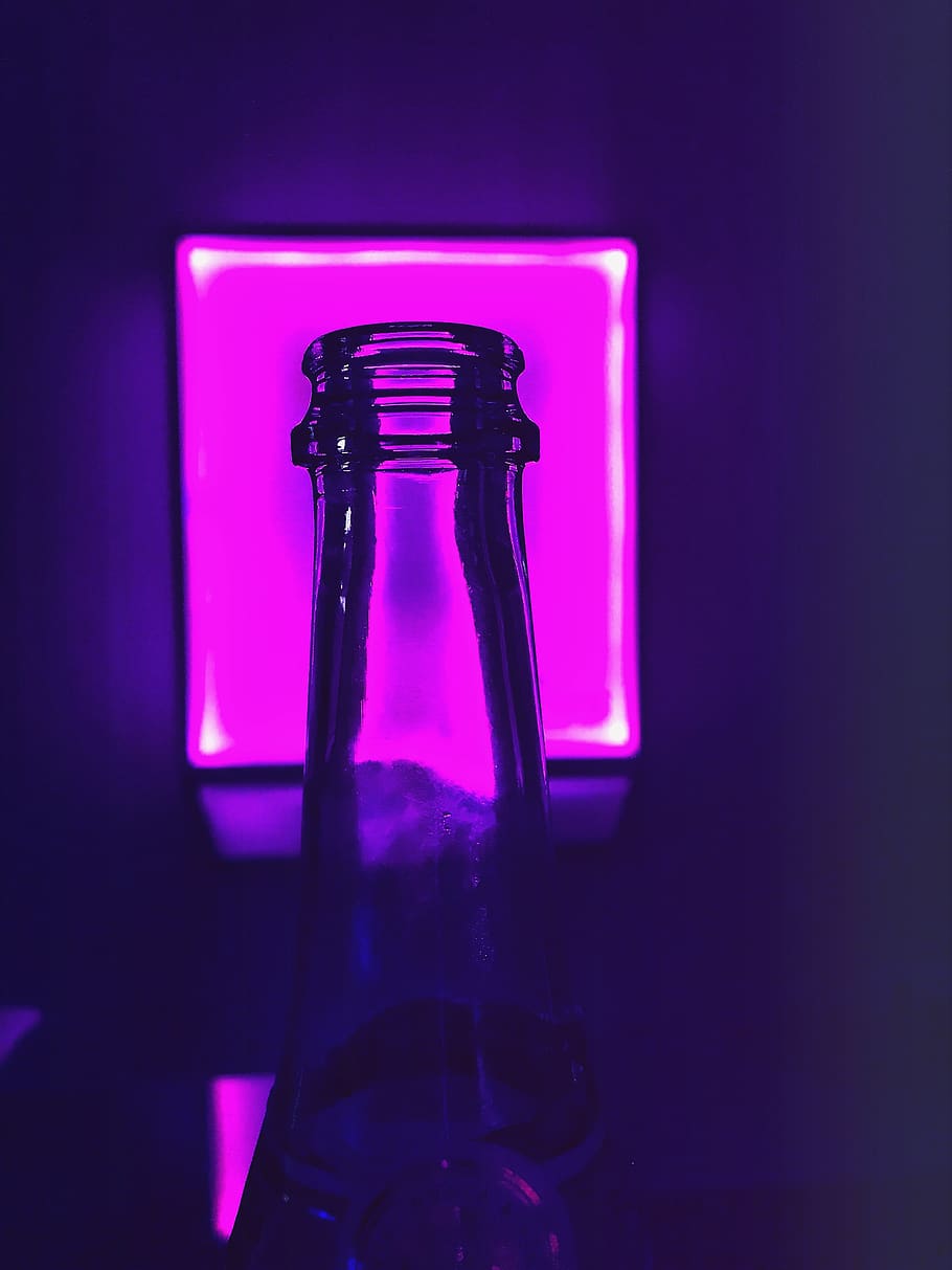 close-up, bottle, neon, vine, indoors, lighting equipment, pink color HD wallpaper
