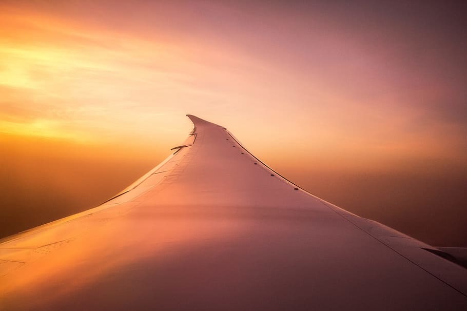 white tent roof photo, sky, flight, orange, wing, plane, sunset HD wallpaper
