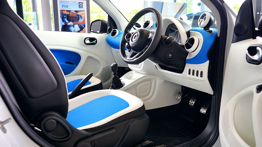 Black, White, and Blue Vehicle, auto, automobile, car, car interior HD wallpaper