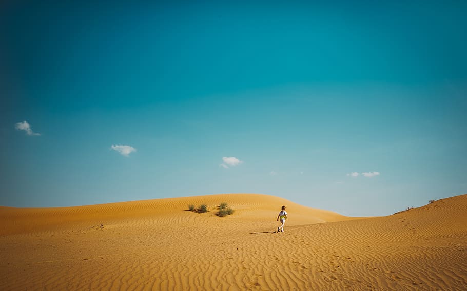 man walking on deser, desert, land, sand, scenics - nature, landscape HD wallpaper
