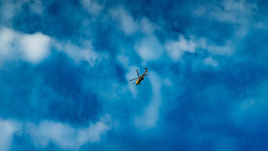 green and black helicopter, cloud, sky, flying, blue, aviation HD wallpaper
