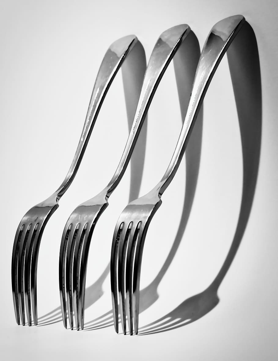 three gray forks, accessories, kitchen utensil, indoors, still life HD wallpaper