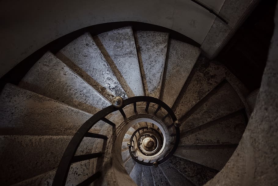 spiral staircase, steps and staircases, railing, architecture HD wallpaper