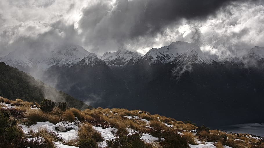 new zealand, murchison mountains, storm, snowfall, weather, HD wallpaper
