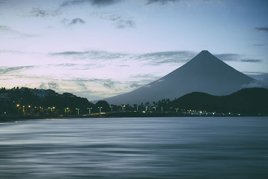 Mayon Volcano, landscape, mountain, scenic, water, sky, cloud - sky, HD wallpaper