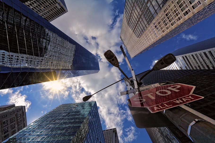 stop, sign, city, skyscraper, blue sky, look up, view, urban HD wallpaper