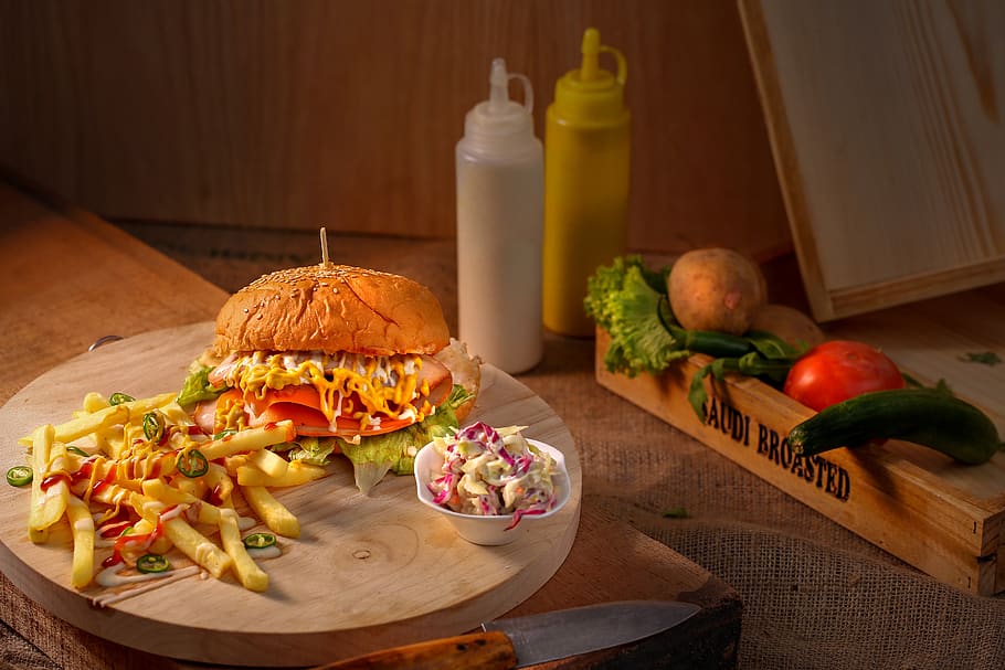 Hamburger and Potato Fries, bread, broasted, cheese, condiments HD wallpaper