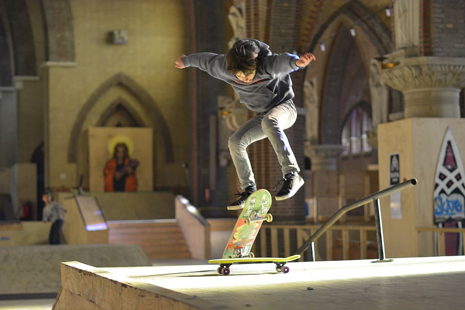 netherlands, arnhem, skate, skateboard, church, mid-air, jumping, HD wallpaper