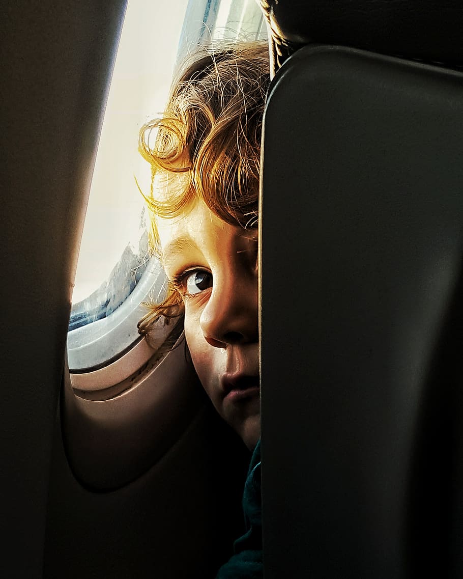 plane, child, kid, look, eyes, blond, sepia, window, indoors HD wallpaper