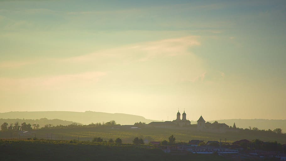 Silhouette of Building, castle, city, clouds, dawn, daylight HD wallpaper