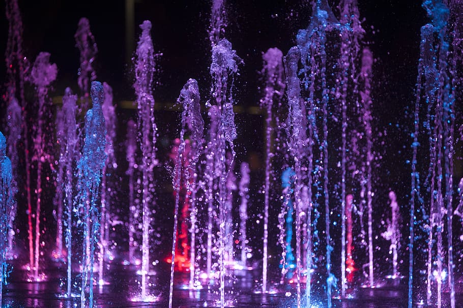fountain, splash, water, splashing, blue, pink, drops, aqua HD wallpaper