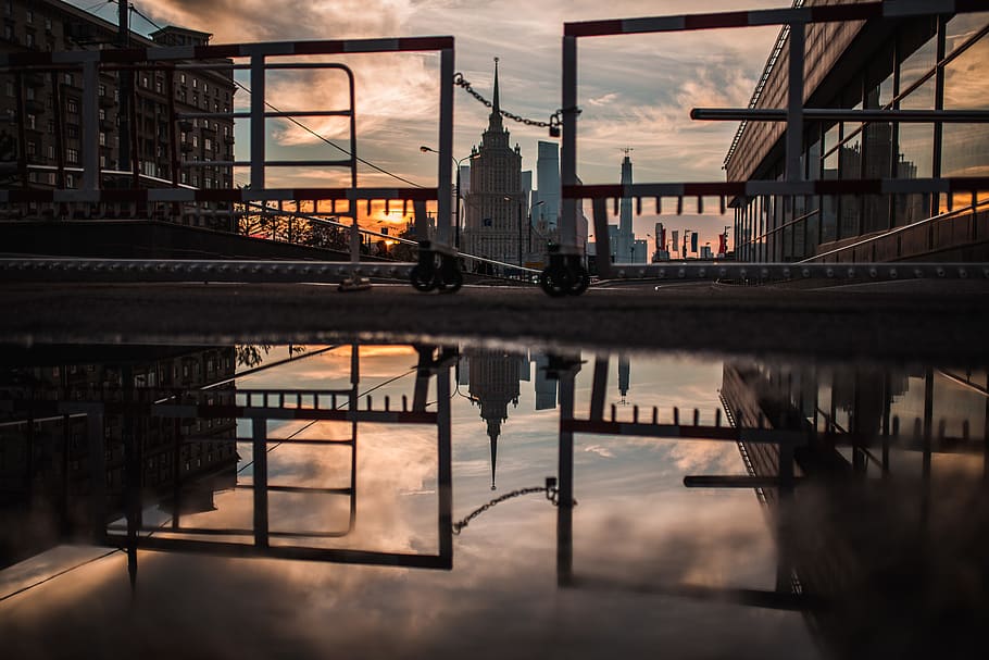 white metal frames at daytime, building, puddle, moscow radisson hotel HD wallpaper