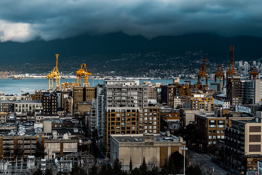 high angle photography of building under gray sky, vancouver