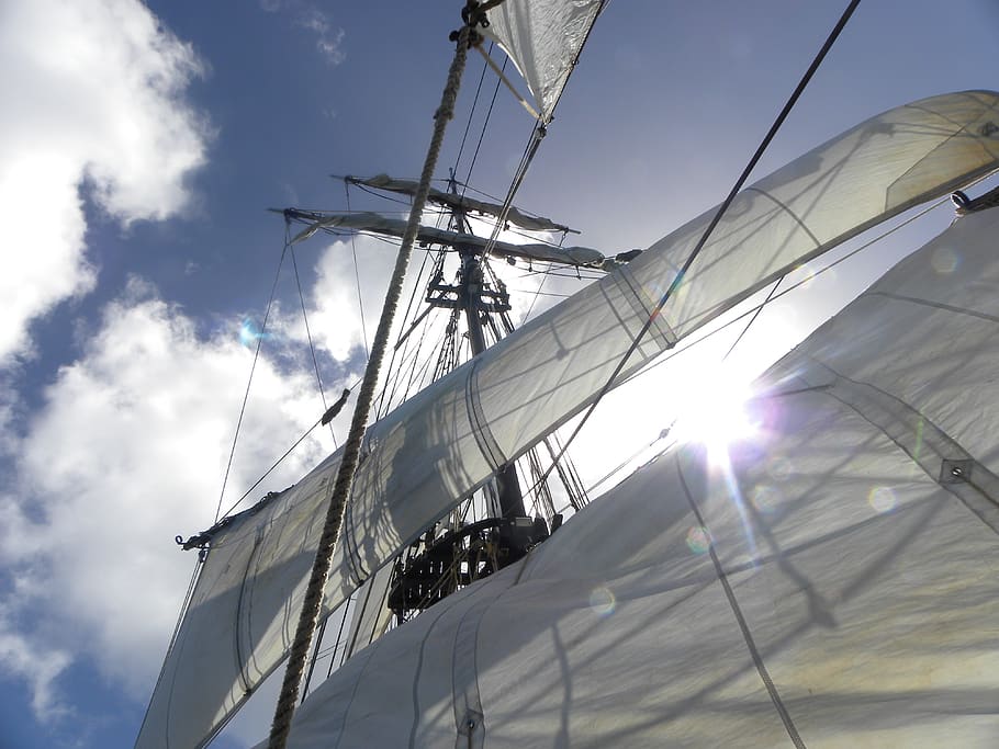 tall ship, sails, sunlight, clouds, sky, boat, rigging, nautical HD wallpaper
