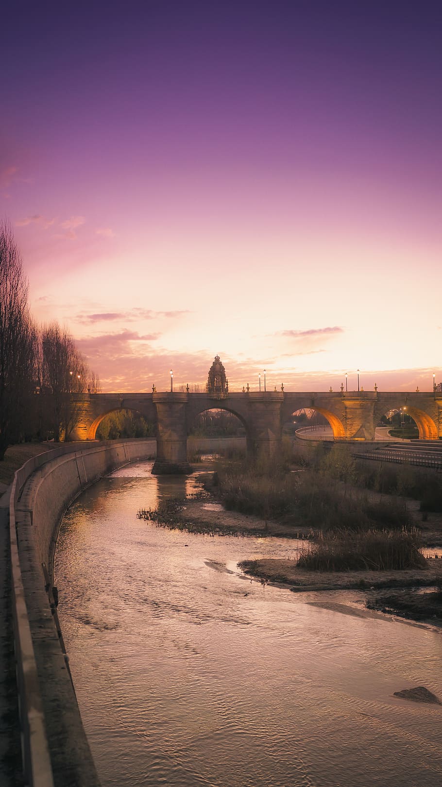 night, purple, sky, river, bridge, dawn, phone wallpaper, sunset HD wallpaper