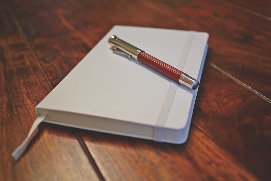 white, notebook, pen, write, diary, wooden, table, wood - material HD wallpaper