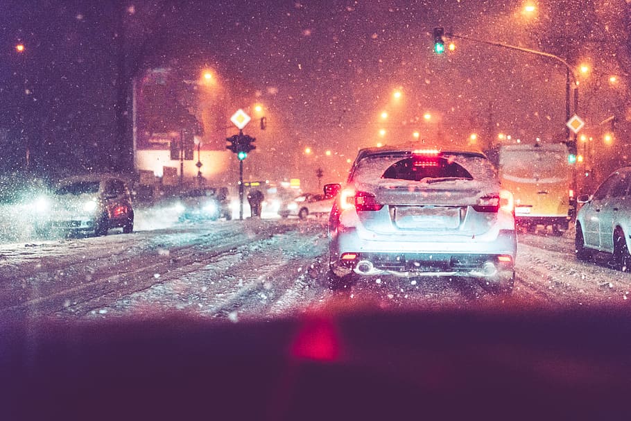 Driving in Evening Traffic Jam and Snow Calamity Weather, brno